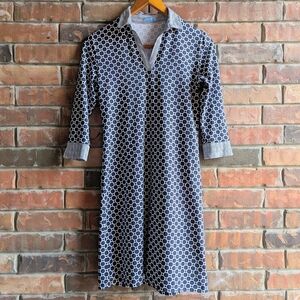 J. McLaughlin Geometric Navy Catalina Cloth Shift Dress Knee Length 3/4 Sleeve S